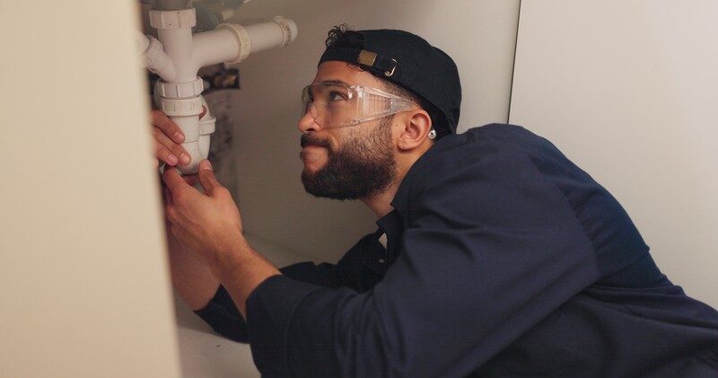 Plumber inspecting pipes under a kitchen cabinet