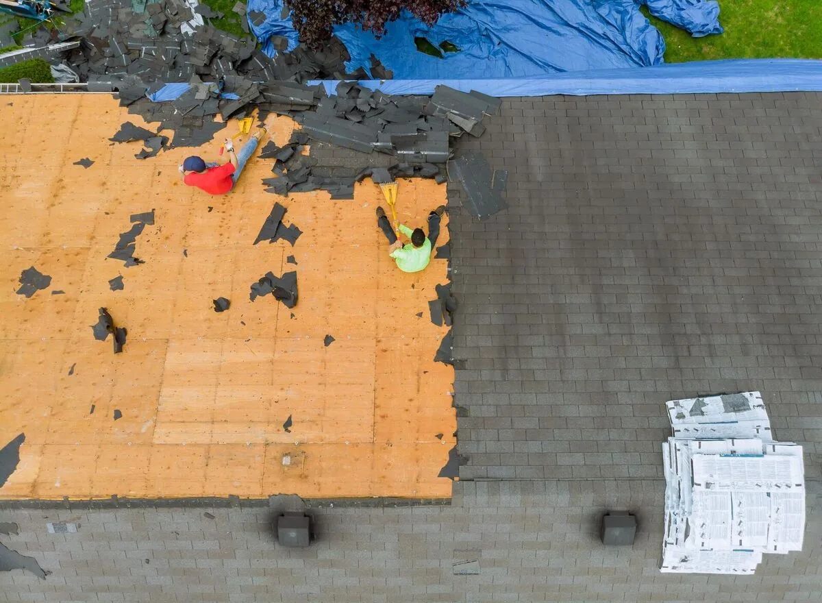 Storm damage roof replacement in progress